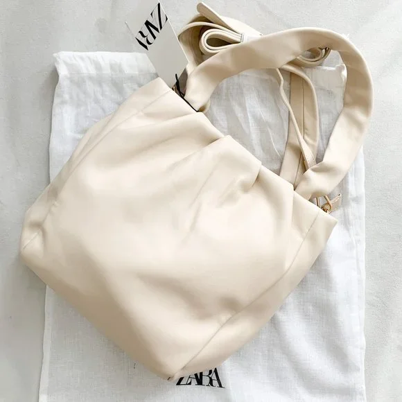 Zara Cream Soft City Bag Faux Leather Shoulder Crossbody - Picture 2 of 5